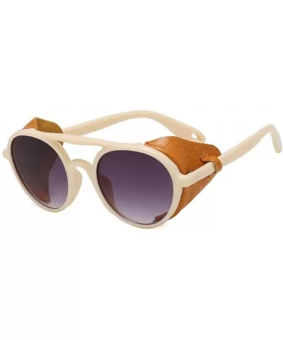 Fashion Retro Round Steampunk Sunglasses Women Men Leather Side Shield Male Sun Glasses Windproof Goggles Eyewear - CD18XQNT5...