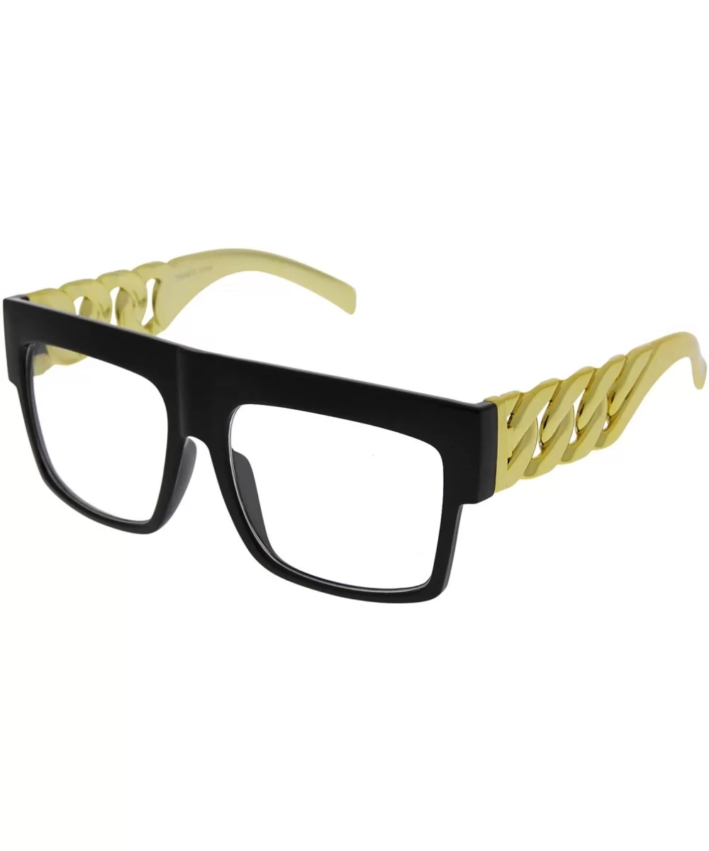 Chain Temple Gold Oversized Flat Top Hip Hop Clear Lens Celebrity Sunglasses - Black - CL11LJ2505Z $12.62 Oversized