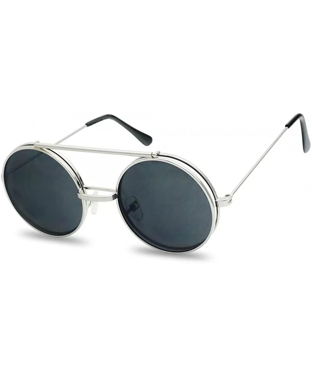 Round Circular Django Flip-Up Steampunk Inspired Metal Two in One Sunglasses - Silver - Smoke Lens - C717YW366KG $18.24 Goggle