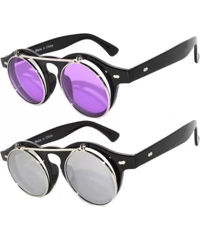 2 Pack Flip Up Steampunk Vintage Retro Round Circle Gothic Colored Plastic Frame Sunglasses Colored Lens - C6184H4Y0H2 $21.82...