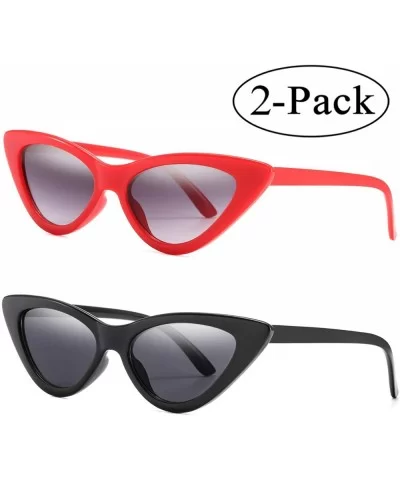 Retro Vintage Narrow Cateye Sunglasses for Women Clout Goggles Plastic Frame - 2pack-black/Red - CL18OKN2463 $13.12 Round