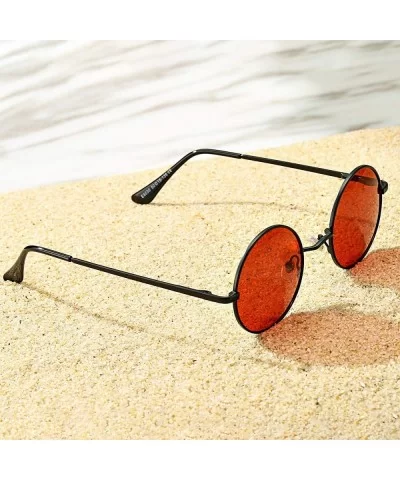 Retro Small Round Polarized Sunglasses for Men Women John Lennon Style - C7 Black Frame/Transparent Red Lens - CX190OIHZOH $2...