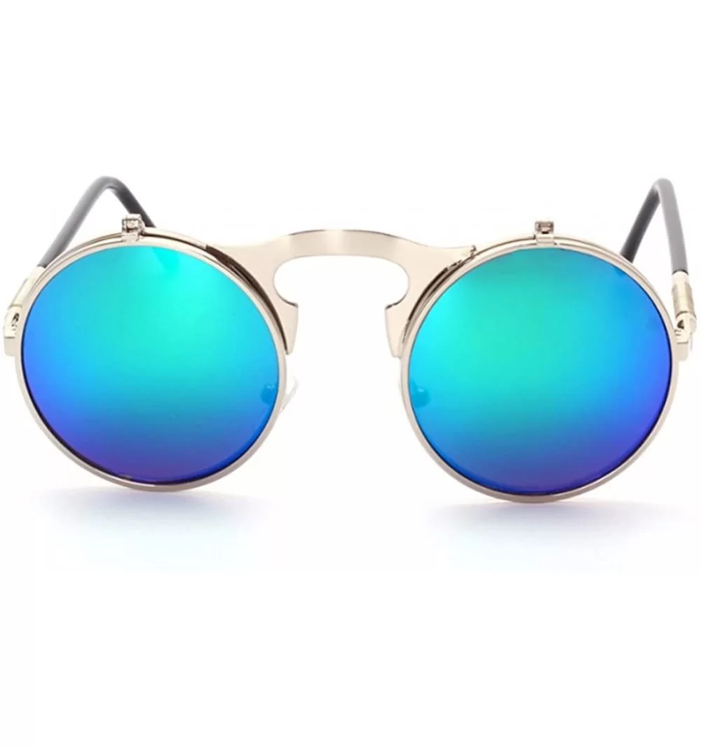 Red Peony Retro Vintage Round Flip Sunglasses punkSunglasses for Men and Women - Green Reflective - CD18DX8MIAG $13.69 Round