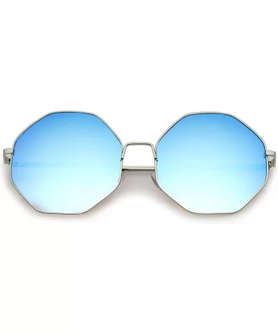 Oversize Metal Frame Slim Temple Colored Mirror Lens Hexagon Sunglasses 63mm - Silver / Blue Mirror - CH12ODW9HOQ $13.78 Over...