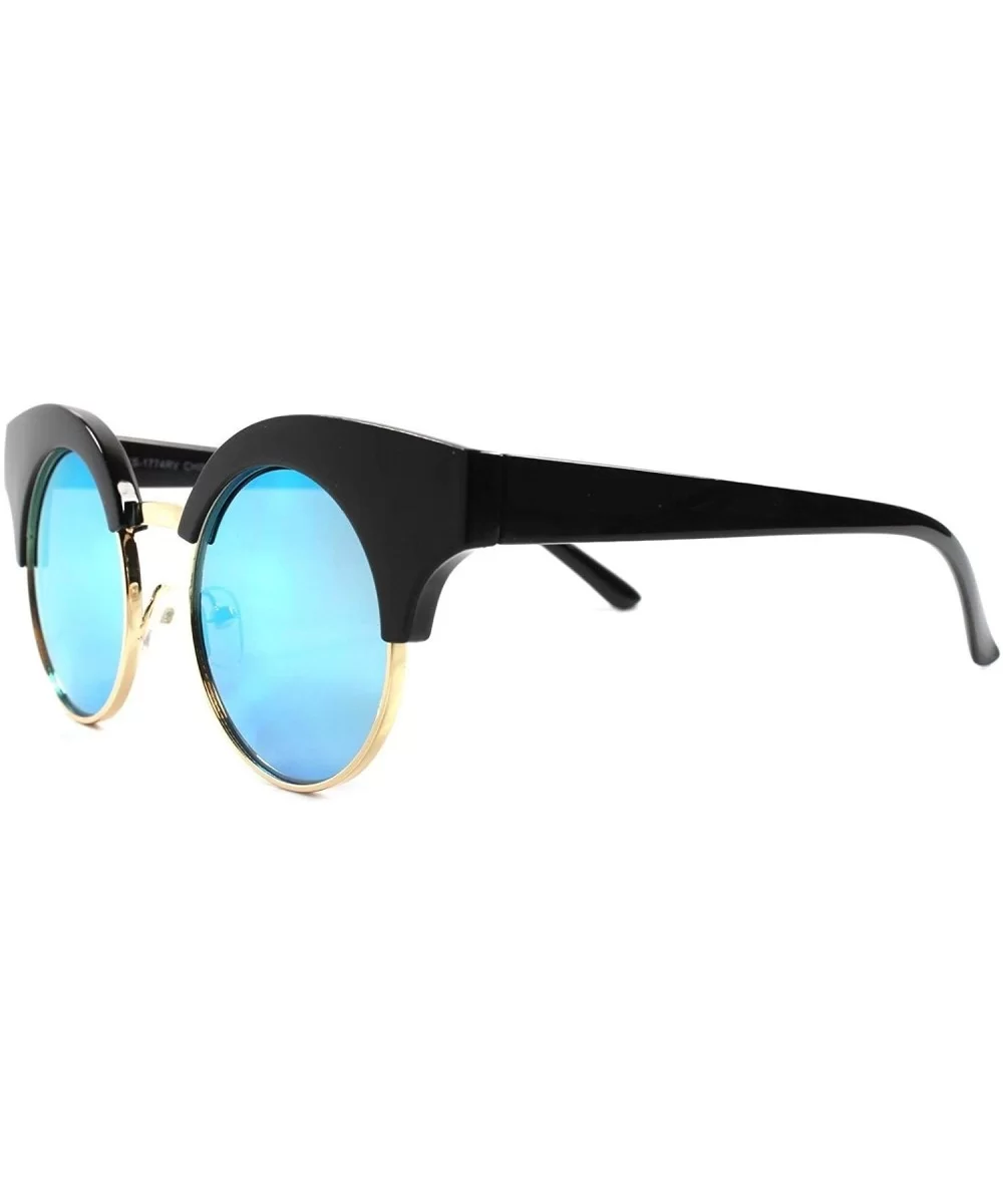 Designer Upscale Celebrity Chic Blue Mirrored Lens Black Womens Round Sunglasses - CA18023H25K $17.64 Round