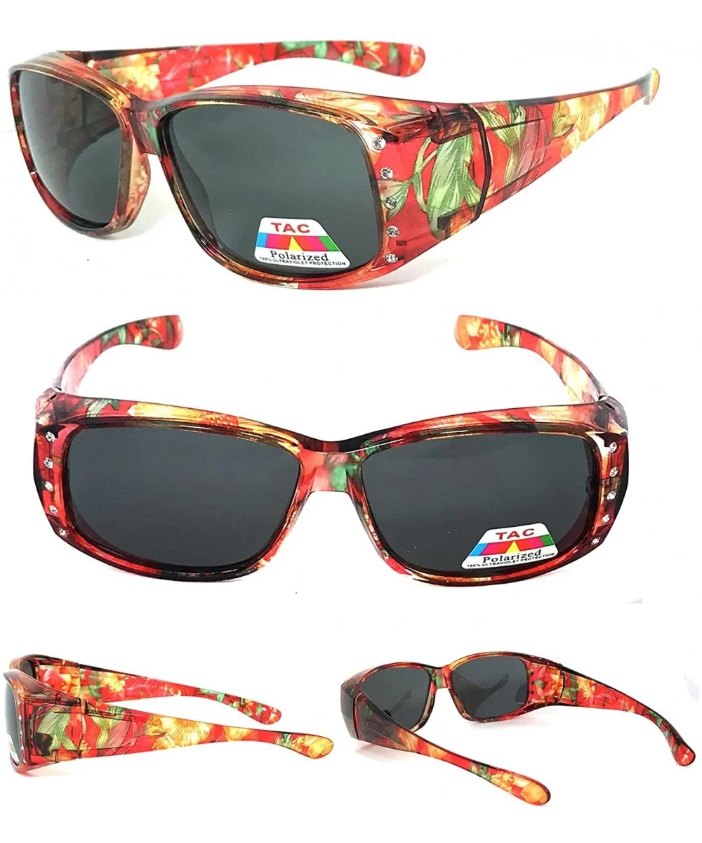 Womens Polarized FIT OVER Sunglasses Cover Rx Glasses Rhinestones Floral Prints - Transparent Orange Floral - CN18GLG27AW $17...