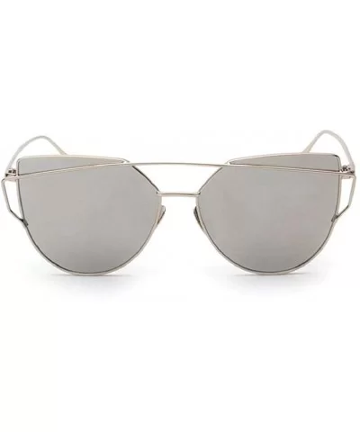 Fashion Twin-Beams Classic Women Metal Frame Mirror Sunglasses Cat Eye Glasses - Silver - CN18RXTTTLU $12.19 Cat Eye