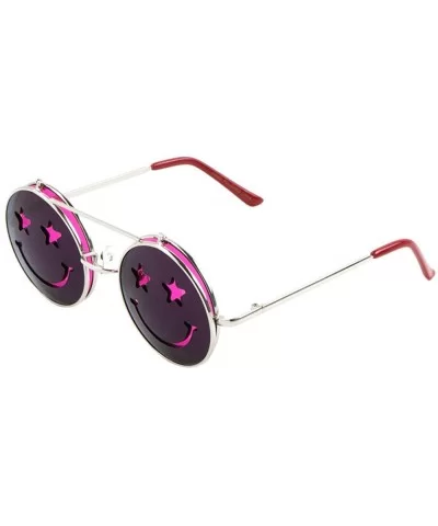 Round Happy Face Star Eyes Flip Up Shield Round Sunglasses - Pink - CX1903RY86E $20.96 Shield