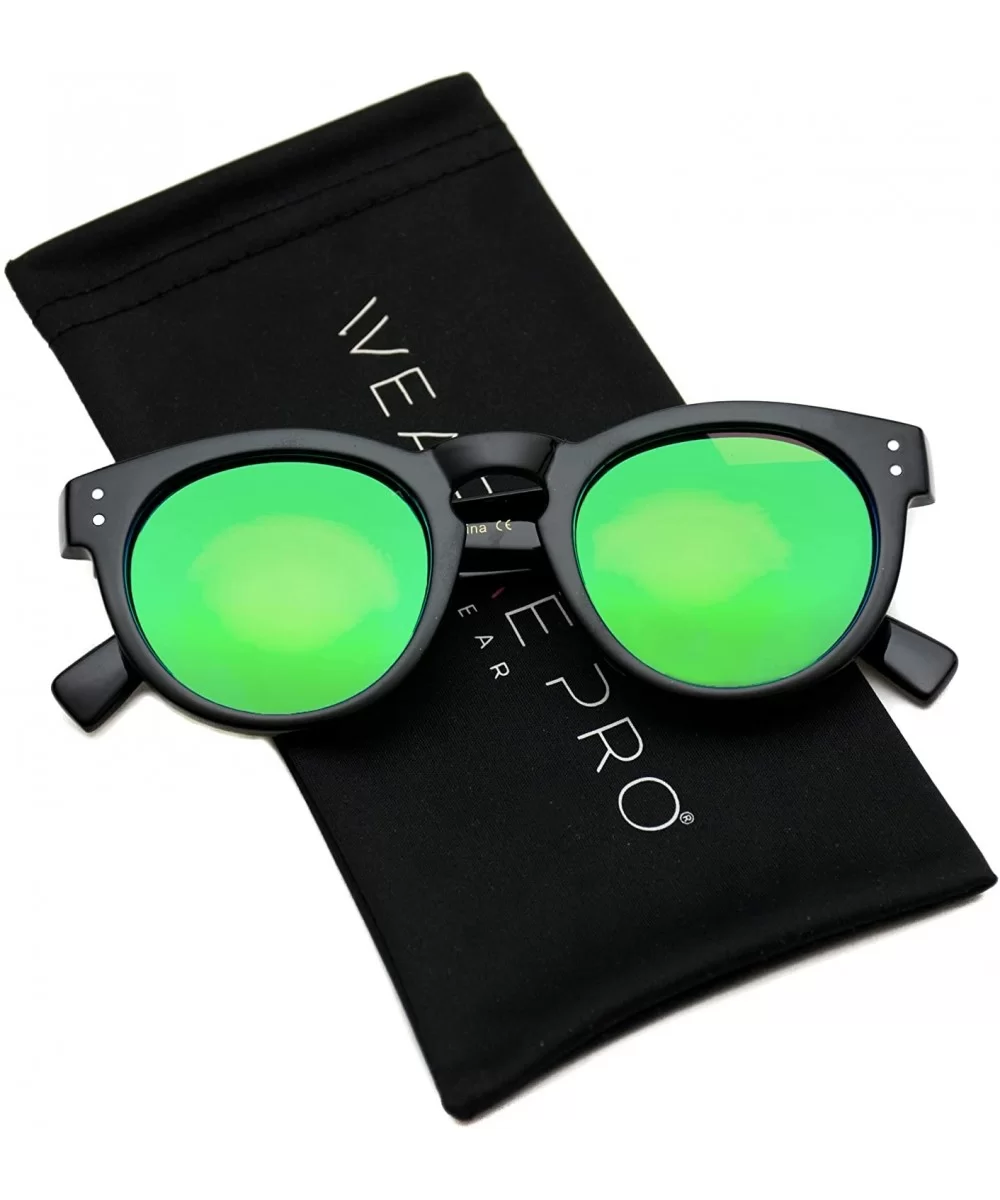 Vintage Inspired Mirror Lens Round Horned Rim Frame Retro Sunglasses - Black / Mirror Green - CH120RTXSQN $17.63 Oversized