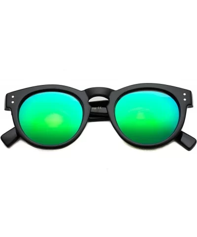 Vintage Inspired Mirror Lens Round Horned Rim Frame Retro Sunglasses - Black / Mirror Green - CH120RTXSQN $17.63 Oversized