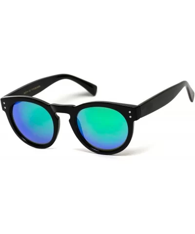 Vintage Inspired Mirror Lens Round Horned Rim Frame Retro Sunglasses - Black / Mirror Green - CH120RTXSQN $17.63 Oversized