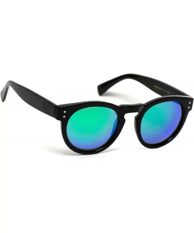 Vintage Inspired Mirror Lens Round Horned Rim Frame Retro Sunglasses - Black / Mirror Green - CH120RTXSQN $17.63 Oversized