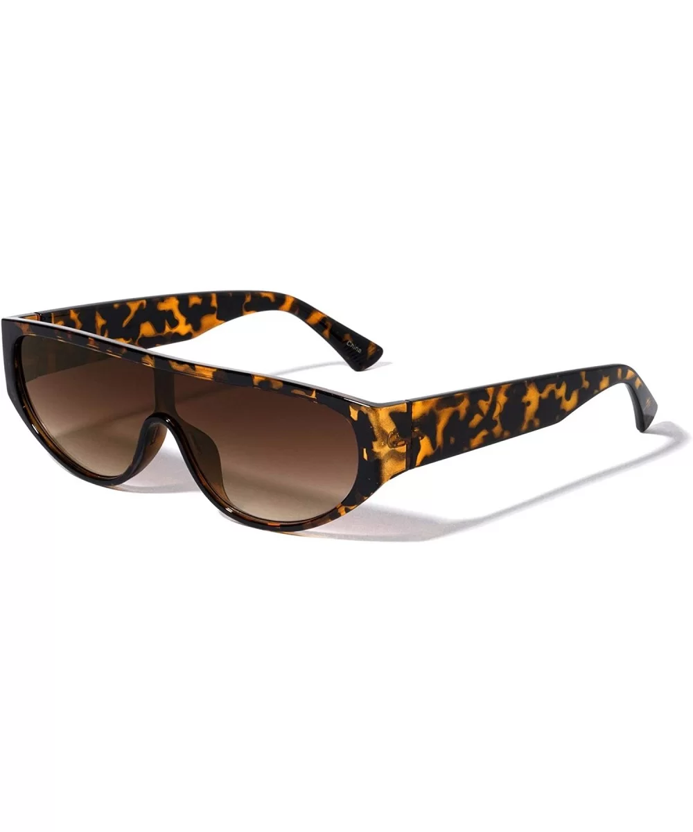 Wide Flat Top Rounded Base One Piece Shield Sunglasses - Brown Demi - CV1993ULOEE $21.58 Shield