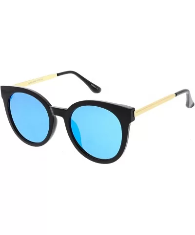 Classic Horn Rimmed Round Color Mirrored Flat Lens Cat Eye Sunglasses 53mm - Black Gold / Blue Mirror - C6184RA7XQX $15.82 Ca...