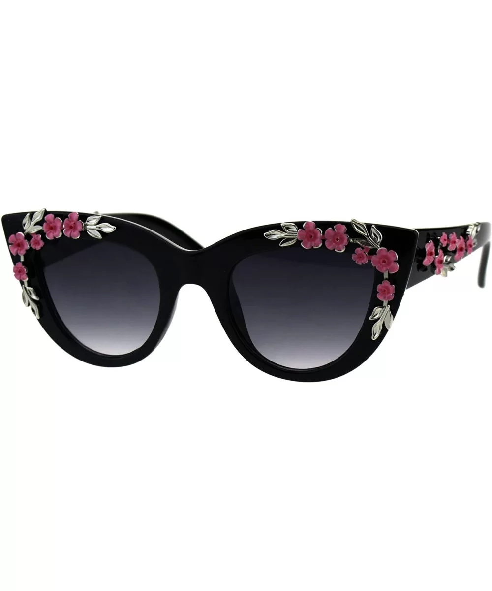Womens Bling Metal Floral Jewel Thick Plastic Cat Eye Mod Sunglasses - Black Smoke - CT18G2OERH5 $13.91 Cat Eye