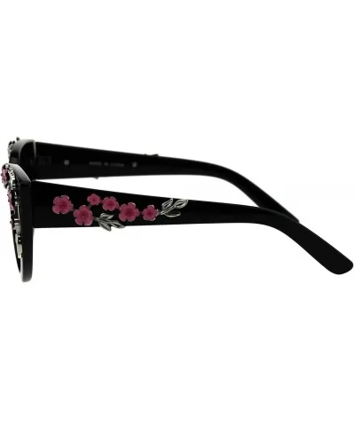 Womens Bling Metal Floral Jewel Thick Plastic Cat Eye Mod Sunglasses - Black Smoke - CT18G2OERH5 $13.91 Cat Eye