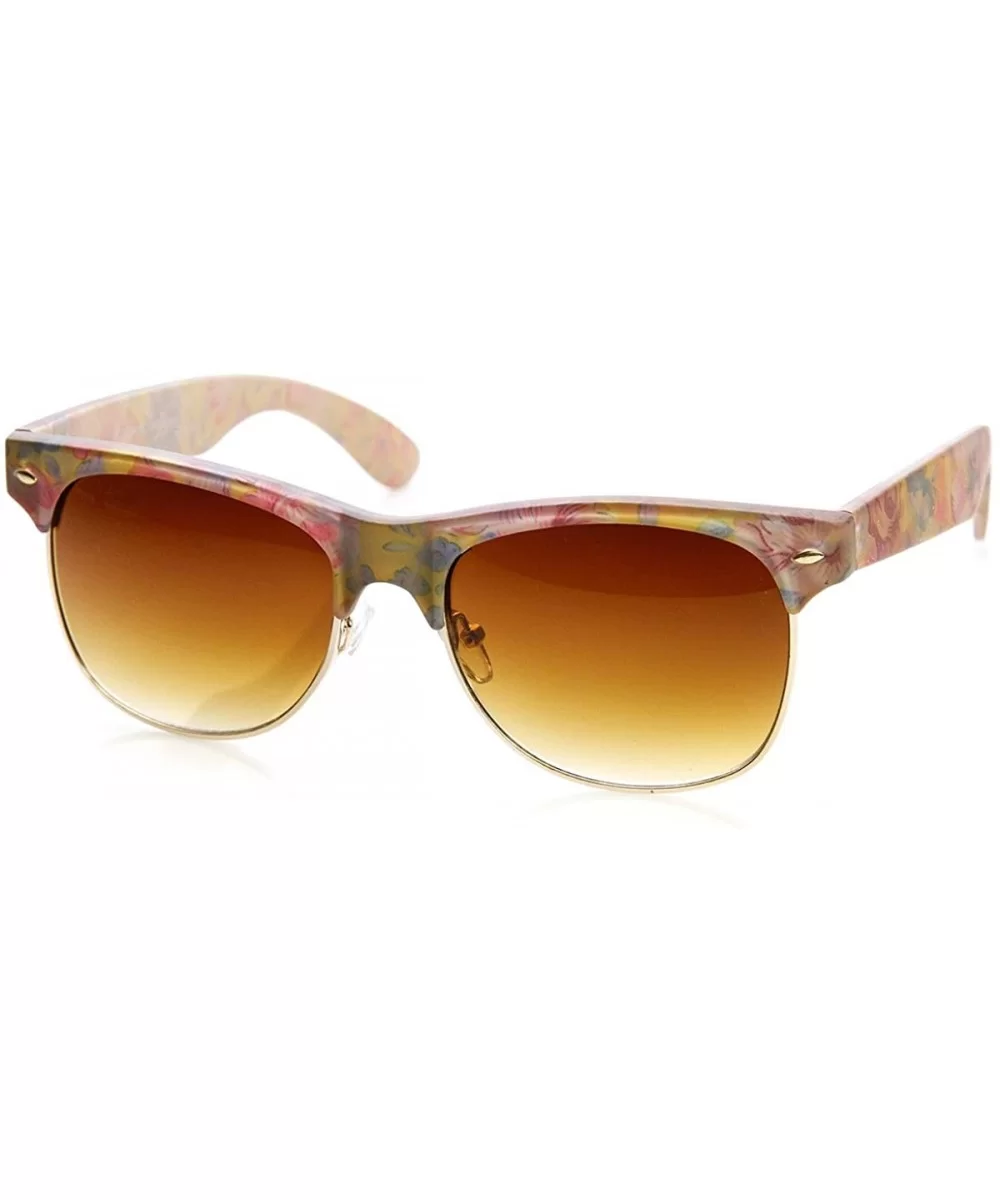 Womens Fashion Floral Print Flower Half Frame Horn Rimmed Sunglasses - Blue-pink-floral Amber - CG11O5E7WTL $14.15 Wayfarer