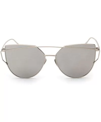 Fashion Twin-Beams Classic Women Metal Frame Mirror Sunglasses Cat Eye Glasses - Silver - CS18RZTT5G3 $15.62 Cat Eye