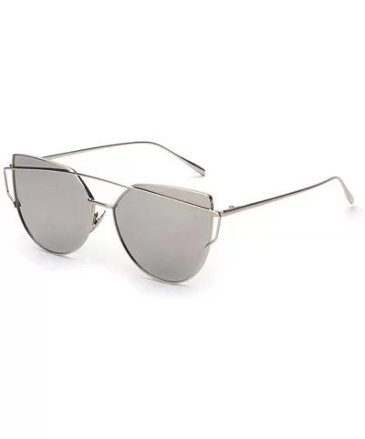 Fashion Twin-Beams Classic Women Metal Frame Mirror Sunglasses Cat Eye Glasses - Silver - CS18RZTT5G3 $15.62 Cat Eye