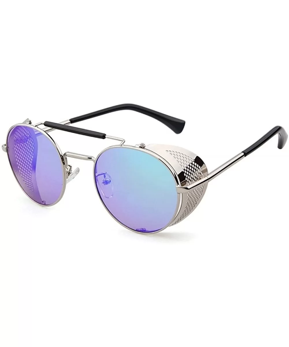 STY056 Metal Frame Mesh Fold-in Side Shield Round 52mm Sunglasses - C5-silver+green - CR12EWY35FX $38.02 Aviator