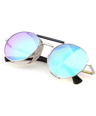 STY056 Metal Frame Mesh Fold-in Side Shield Round 52mm Sunglasses - C5-silver+green - CR12EWY35FX $38.02 Aviator