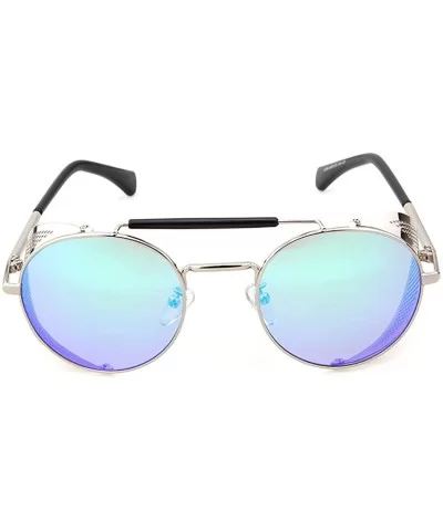 STY056 Metal Frame Mesh Fold-in Side Shield Round 52mm Sunglasses - C5-silver+green - CR12EWY35FX $38.02 Aviator