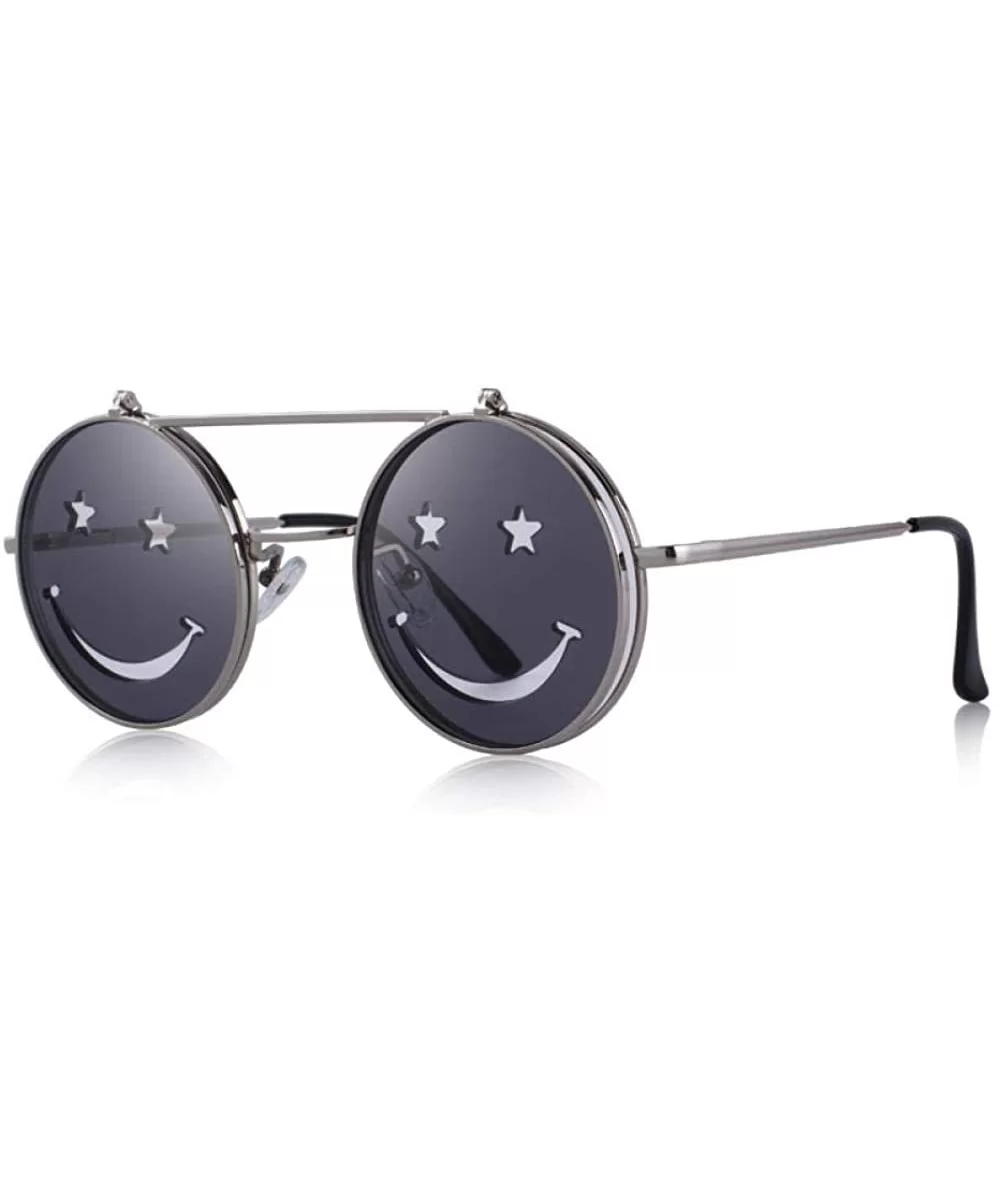 DESIGN Round Flip Up Sunglasses Vintage Steampunk Metal Frame C01 Gray - C01 Gray - CD18YR6Q8A0 $18.02 Aviator