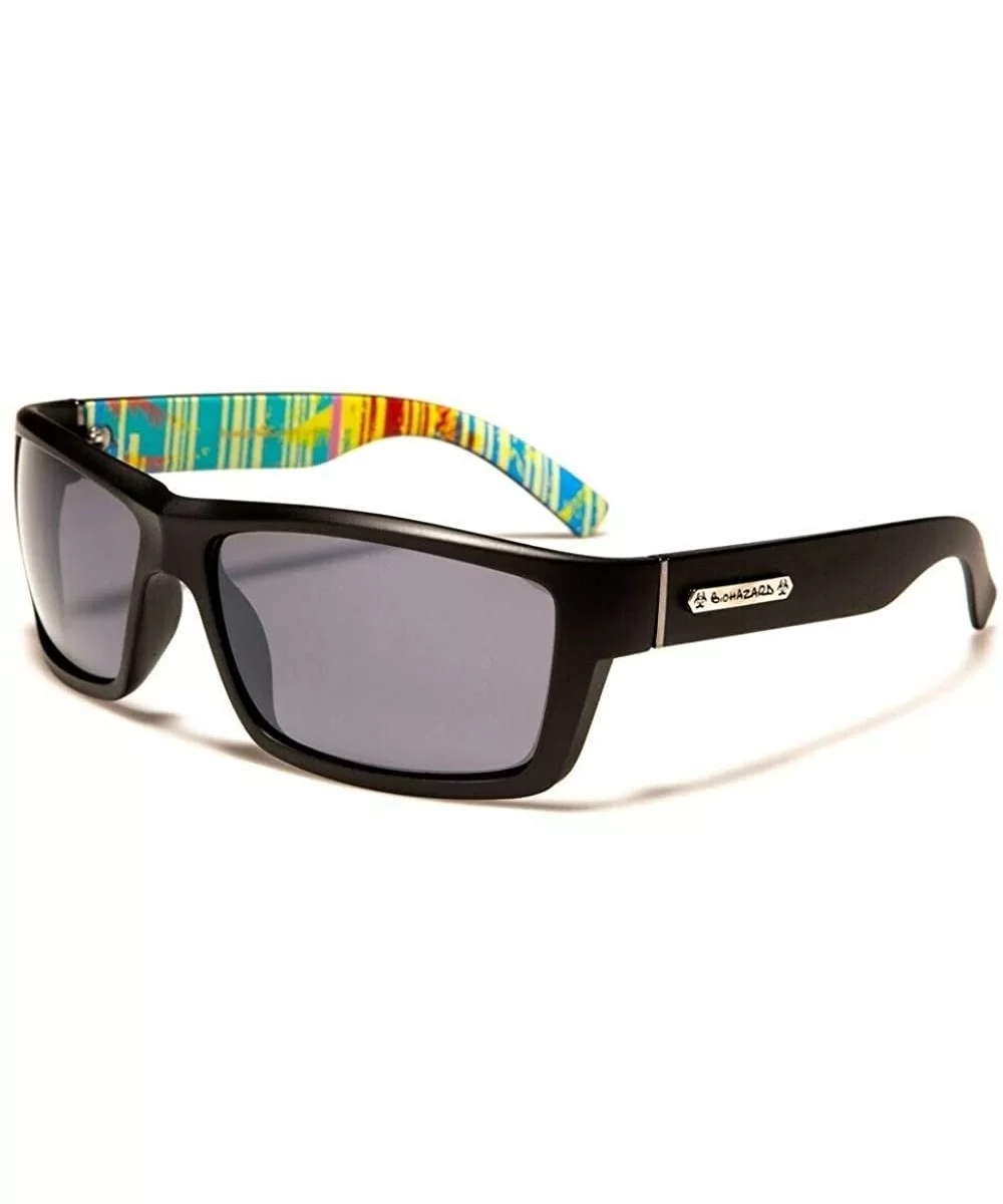 Biohazard Abstract Wrap Around Rectangular Sport Sunglasses - Black & 80s Pop Art Print Frame - CW18W3KKOE8 $16.04 Rectangular