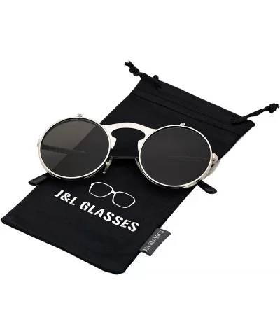 Retro Flip-Up Round Goggles Seampunk Sunglasses (Silver/Black) - C218Z9ICGA5 $15.84 Goggle