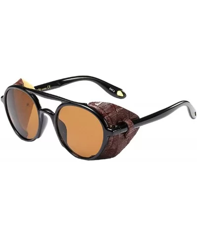 Women's Retro Classic Round Plastic Frame Sunglasses With Leather - Bright Black Brown - C018W9KL59Q $38.08 Round