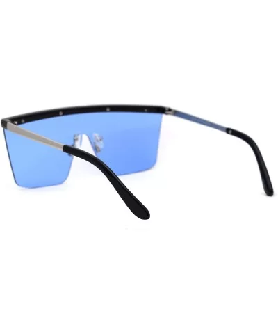 Flat Top Shield Disco Funk Rectangular Sunglasses - Black Silver Blue - CP18YX9R3SK $16.63 Shield