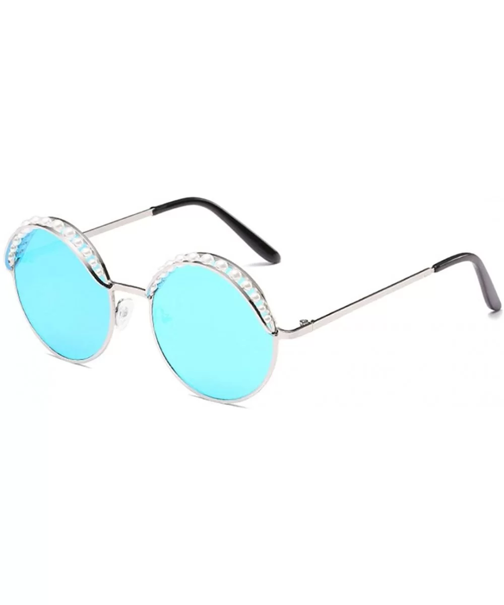 Stylish Round Pearl Decor Sunglasses UV Protection Metal Frame - Pearl-blue Lens - C41905MXIQZ $19.95 Square