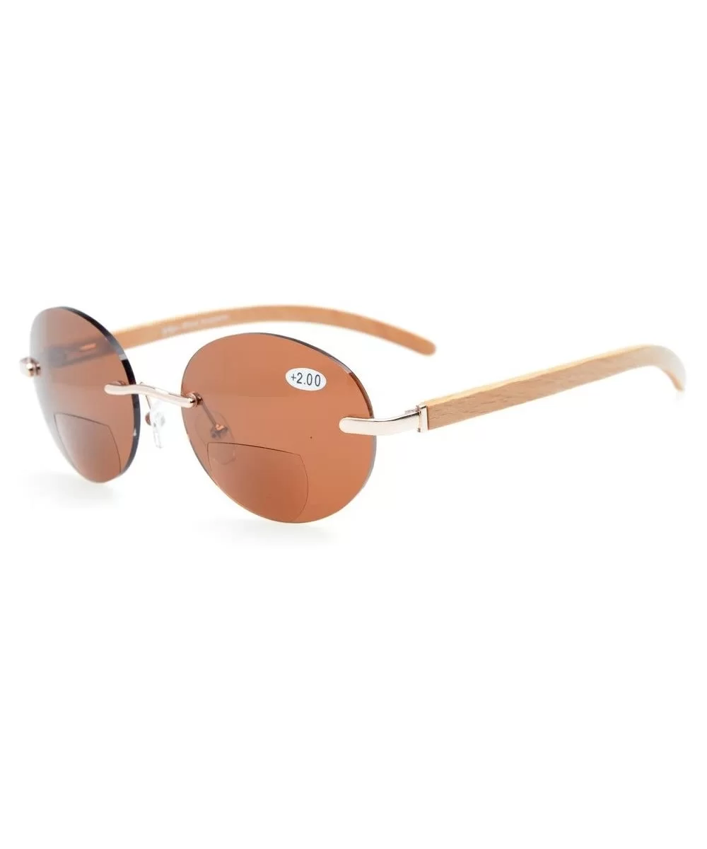 Spring Hinges Wood Arms Rimless Round Bifocal Sunglasses Gold/Brown Lens +3.0 - Gold/Brown Lens - C412N2VU5SF $12.07 Rimless