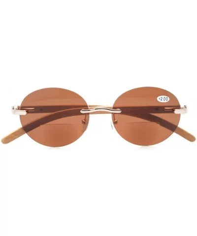 Spring Hinges Wood Arms Rimless Round Bifocal Sunglasses Gold/Brown Lens +3.0 - Gold/Brown Lens - C412N2VU5SF $12.07 Rimless