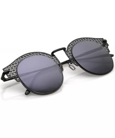 Women's Open Metal Half Frame Sunglasses With Cutouts Slim Arms And Round Flat Lens 50mm - Shiny Black / Smoke - CB17YUYIH4N ...