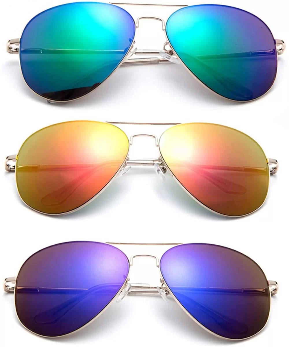 Classic Aviator Sunglasses Flash Mirror lenses Slim Frame Spring Hinge Clear Tip - 3 Pack Green- Orange & Purple - CF18538YAX...